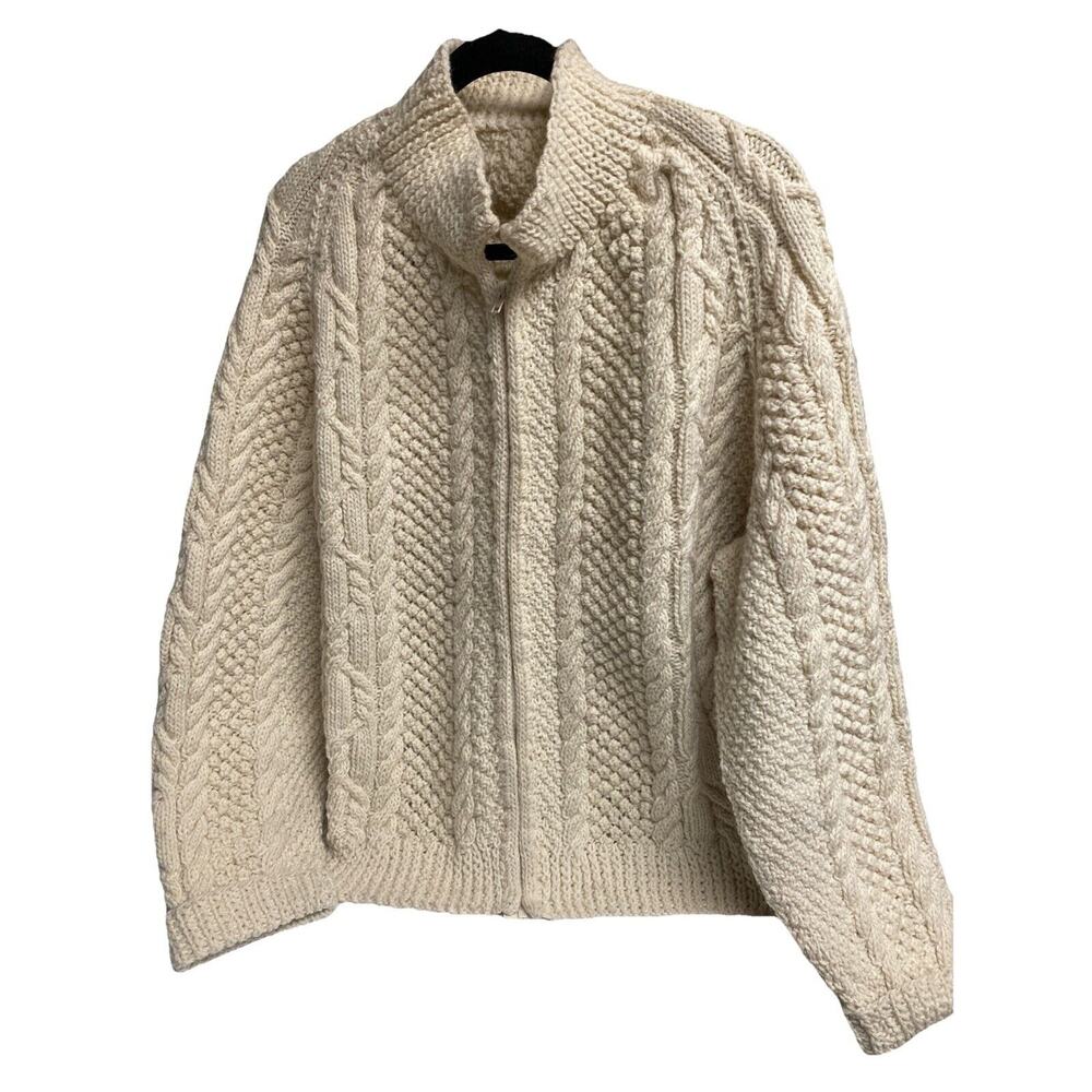 Women's Handmade Wool Fisherman's Cable Sweater Cardigan Large Zip Up